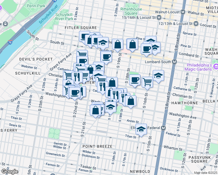 map of restaurants, bars, coffee shops, grocery stores, and more near 1928 Montrose Street in Philadelphia