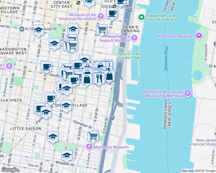 map of restaurants, bars, coffee shops, grocery stores, and more near 13 Kater St in Philadelphia