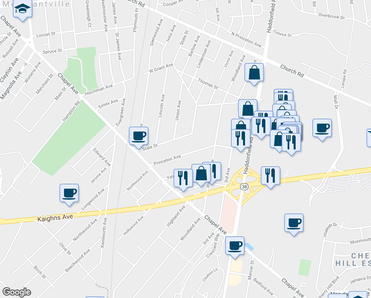 map of restaurants, bars, coffee shops, grocery stores, and more near 421 Princeton Avenue in Cherry Hill