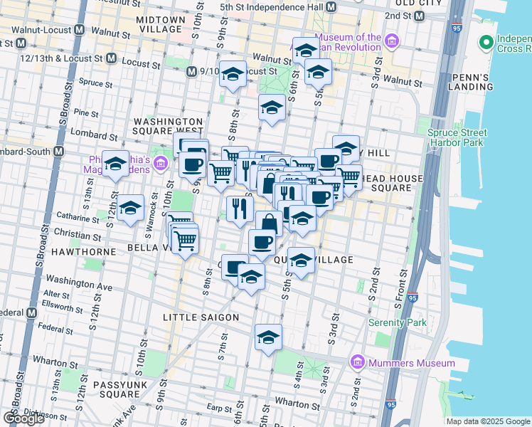 map of restaurants, bars, coffee shops, grocery stores, and more near 715 South Marshall Street in Philadelphia