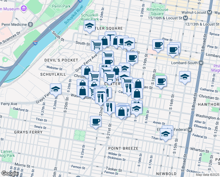 map of restaurants, bars, coffee shops, grocery stores, and more near 2121 Carpenter Street in Philadelphia