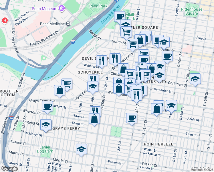 map of restaurants, bars, coffee shops, grocery stores, and more near 1017 South 25th Street in Philadelphia
