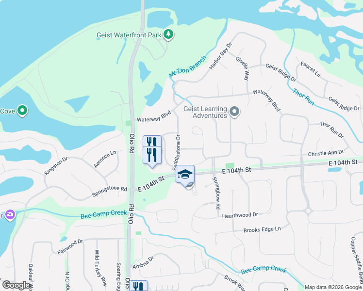 map of restaurants, bars, coffee shops, grocery stores, and more near 10542 Saddlestone Drive in Fortville