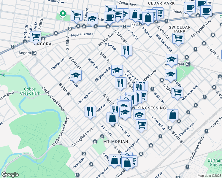 map of restaurants, bars, coffee shops, grocery stores, and more near 5532 Litchfield Street in Philadelphia