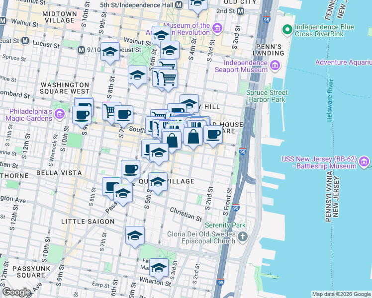 map of restaurants, bars, coffee shops, grocery stores, and more near 310 Bainbridge Street in Philadelphia