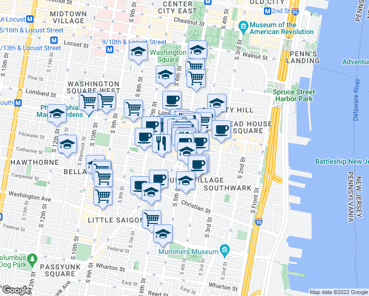 map of restaurants, bars, coffee shops, grocery stores, and more near S 5th St & Bainbridge St in Philadelphia