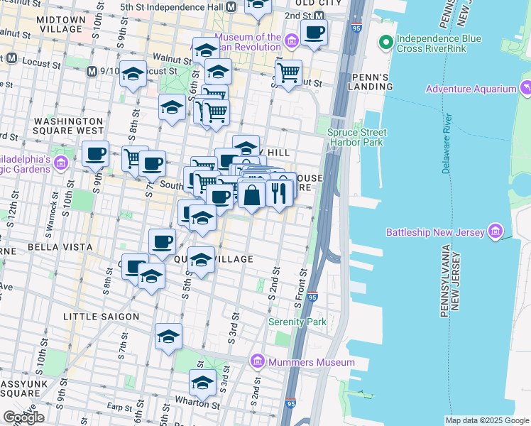 map of restaurants, bars, coffee shops, grocery stores, and more near 622 South American Street in Philadelphia