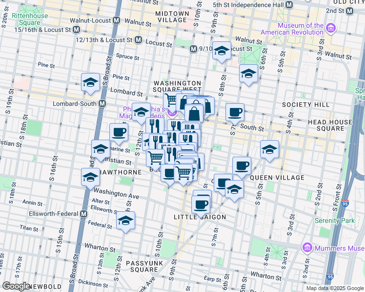 map of restaurants, bars, coffee shops, grocery stores, and more near 702 South Hutchinson Street in Philadelphia