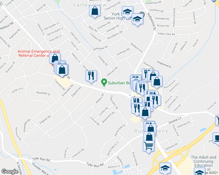 map of restaurants, bars, coffee shops, grocery stores, and more near 2005 South Queen Street in York