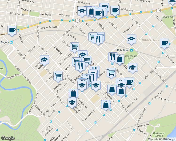 map of restaurants, bars, coffee shops, grocery stores, and more near 5401 Springfield Avenue in Philadelphia