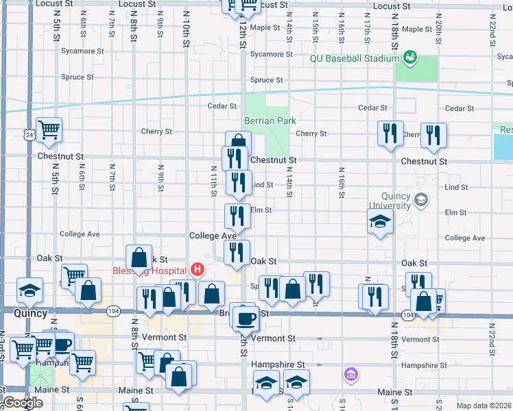 map of restaurants, bars, coffee shops, grocery stores, and more near 1300-1304 Elm Street in Quincy