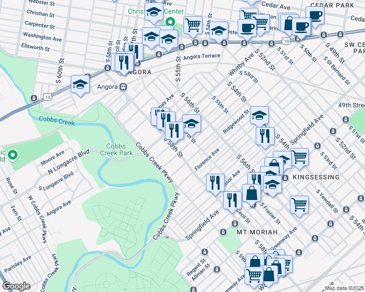 map of restaurants, bars, coffee shops, grocery stores, and more near 5731 Willows Avenue in Philadelphia