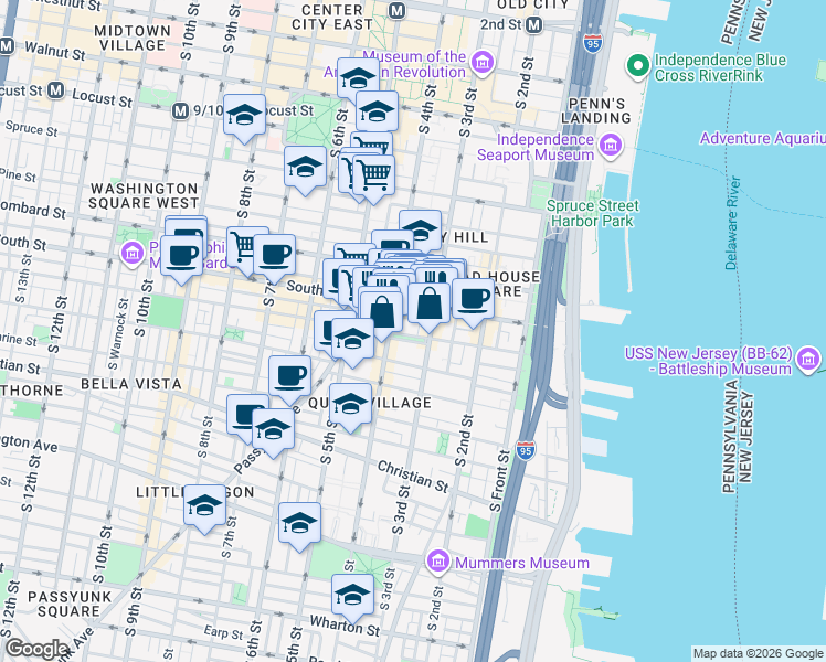 map of restaurants, bars, coffee shops, grocery stores, and more near 310 Bainbridge Street in Philadelphia