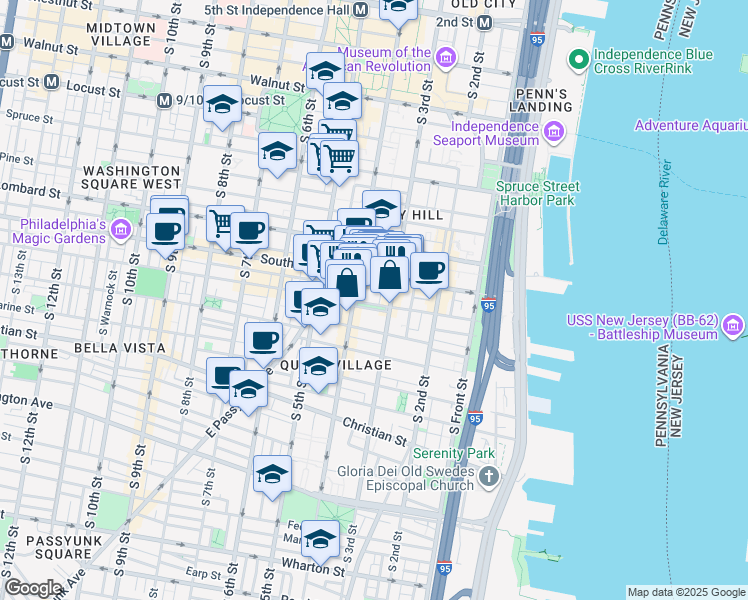 map of restaurants, bars, coffee shops, grocery stores, and more near 339 Bainbridge Street in Philadelphia
