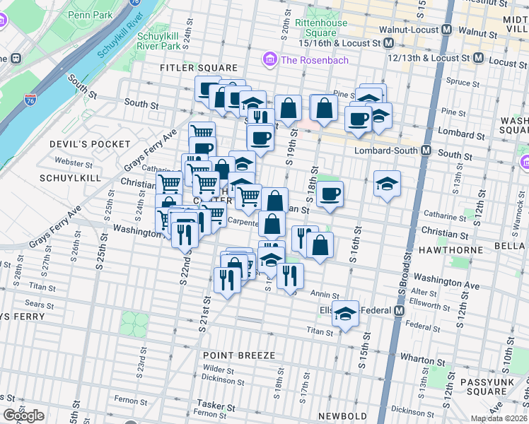 map of restaurants, bars, coffee shops, grocery stores, and more near 1928 Montrose Street in Philadelphia