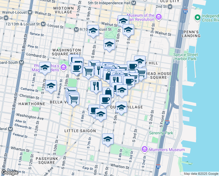 map of restaurants, bars, coffee shops, grocery stores, and more near 718 S 6th St in Philadelphia