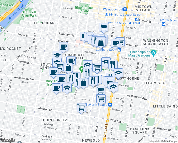 map of restaurants, bars, coffee shops, grocery stores, and more near 1643 Christian Street in Philadelphia