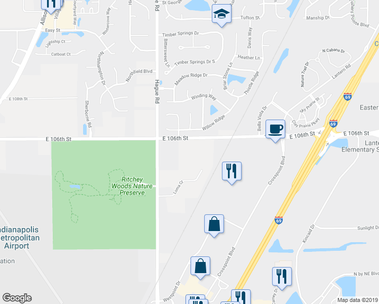 map of restaurants, bars, coffee shops, grocery stores, and more near 7877 East 106th Street in Fishers