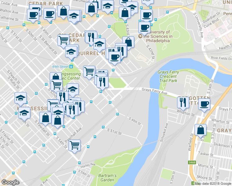 map of restaurants, bars, coffee shops, grocery stores, and more near 4801 Paschall Avenue in Philadelphia