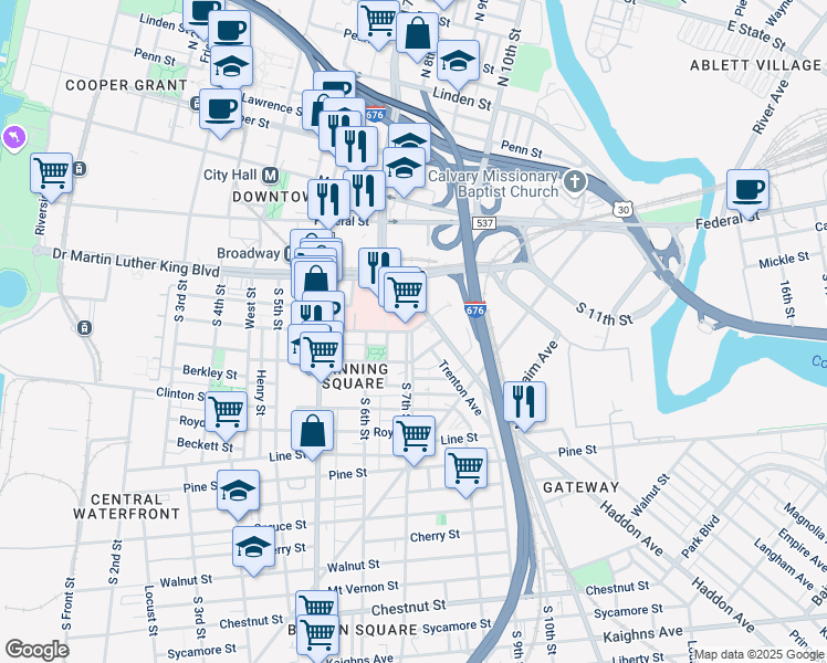 map of restaurants, bars, coffee shops, grocery stores, and more near 10 Cooper Plaza in Camden