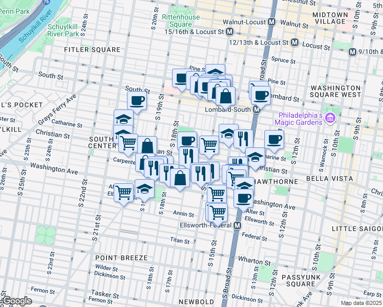 map of restaurants, bars, coffee shops, grocery stores, and more near 1643 Christian Street in Philadelphia