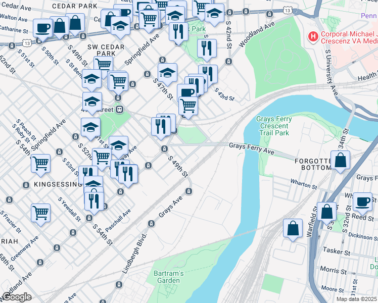 map of restaurants, bars, coffee shops, grocery stores, and more near 4801 Paschall Avenue in Philadelphia