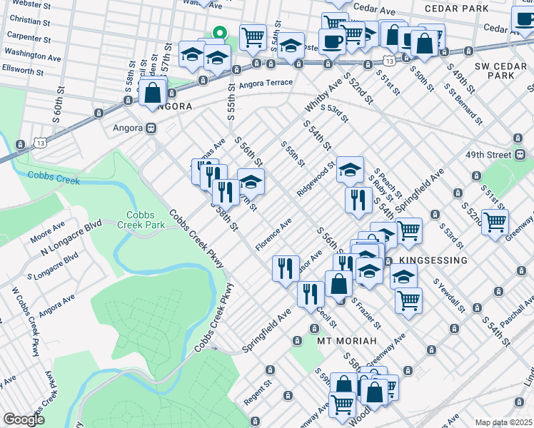 map of restaurants, bars, coffee shops, grocery stores, and more near 5654 Pentridge Street in Philadelphia