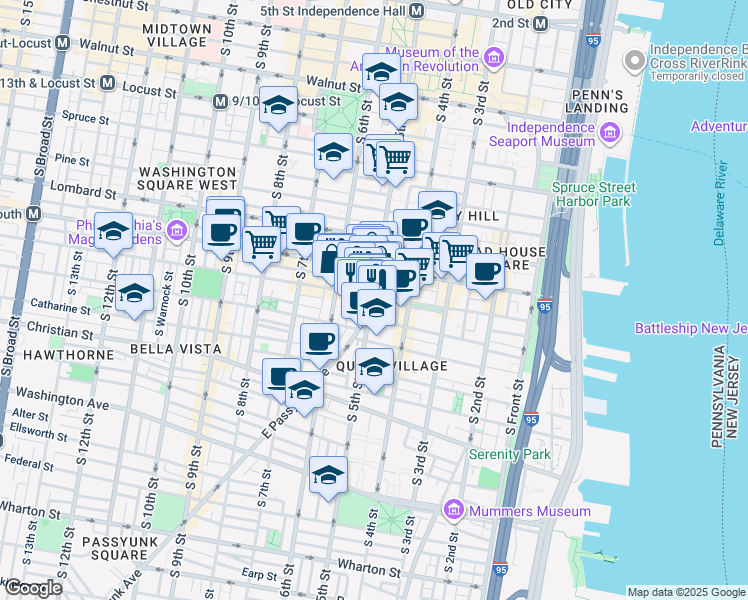 map of restaurants, bars, coffee shops, grocery stores, and more near 743 South Reese Street in Philadelphia