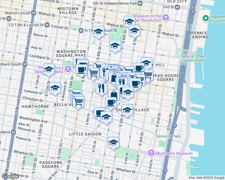 map of restaurants, bars, coffee shops, grocery stores, and more near 715 South Marshall Street in Philadelphia