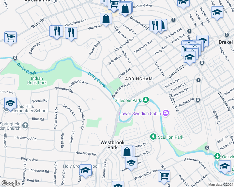 map of restaurants, bars, coffee shops, grocery stores, and more near 4444 Rosemont Avenue in Upper Darby