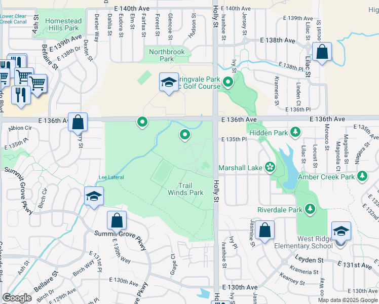 map of restaurants, bars, coffee shops, grocery stores, and more near 13385 Holly Street in Thornton