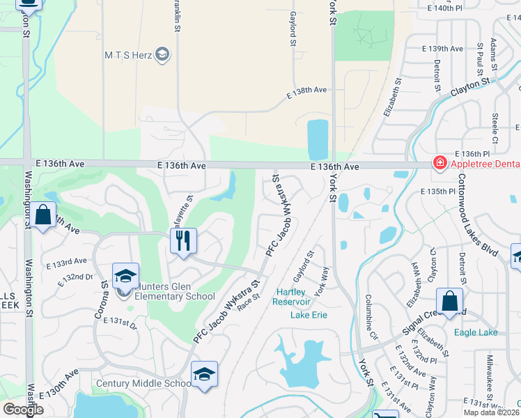 map of restaurants, bars, coffee shops, grocery stores, and more near 13485 Williams Street in Thornton
