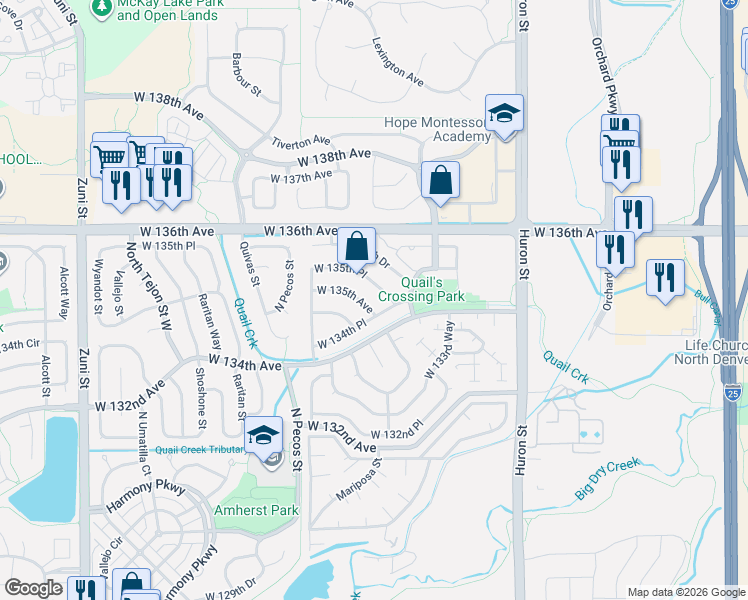 map of restaurants, bars, coffee shops, grocery stores, and more near 1215 West 135th Avenue in Westminster