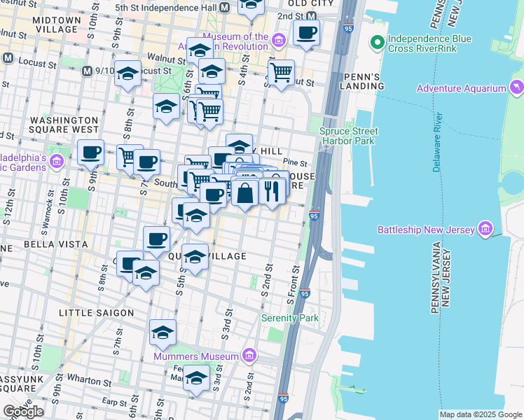 map of restaurants, bars, coffee shops, grocery stores, and more near in Philadelphia