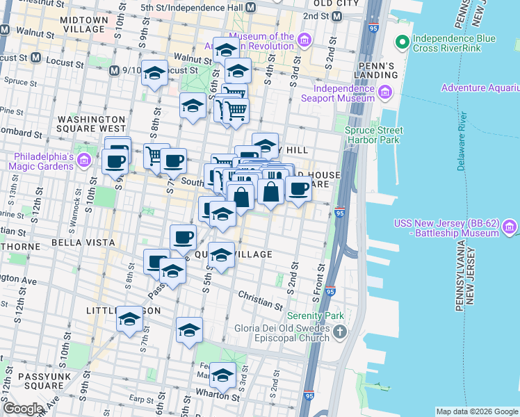 map of restaurants, bars, coffee shops, grocery stores, and more near 310 Bainbridge Street in Philadelphia
