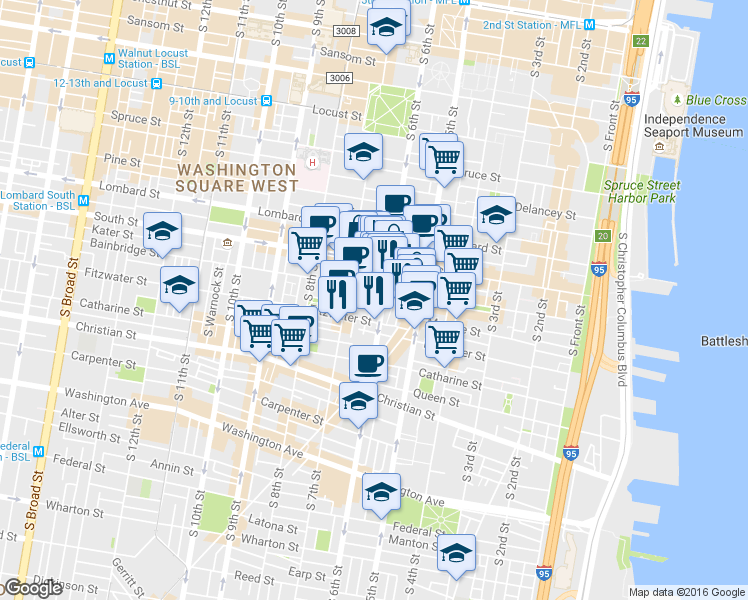 map of restaurants, bars, coffee shops, grocery stores, and more near in Philadelphia