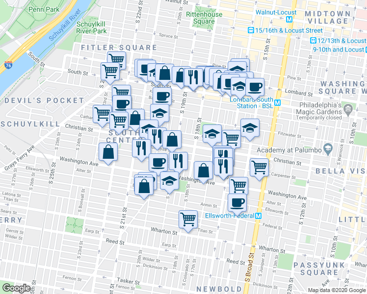map of restaurants, bars, coffee shops, grocery stores, and more near 1829 Montrose Street in Philadelphia