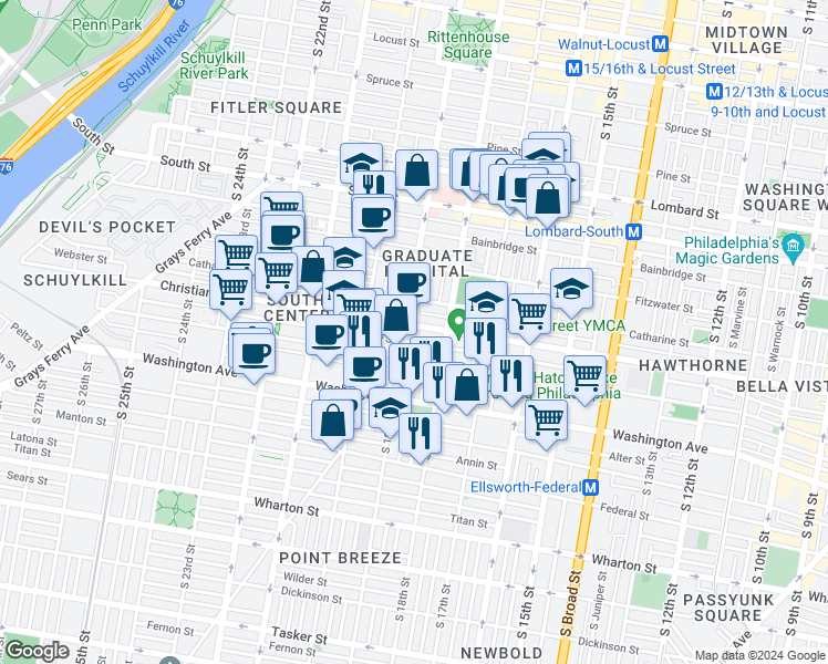 map of restaurants, bars, coffee shops, grocery stores, and more near 1829 Montrose Street in Philadelphia