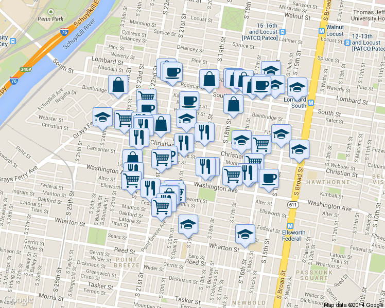 map of restaurants, bars, coffee shops, grocery stores, and more near 1928 Montrose Street in Philadelphia