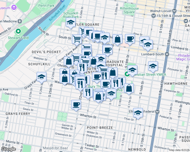 map of restaurants, bars, coffee shops, grocery stores, and more near 2021 Carpenter Street in Philadelphia