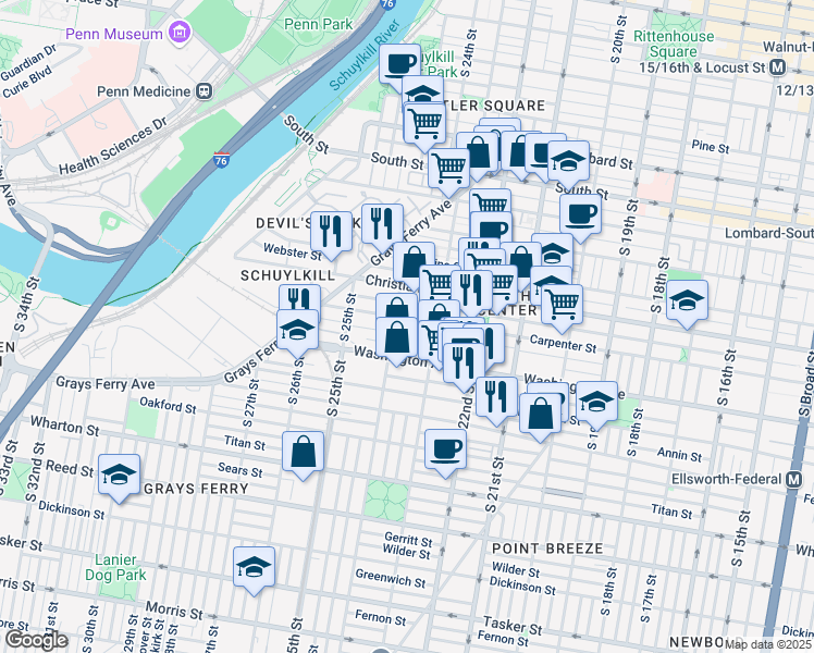 map of restaurants, bars, coffee shops, grocery stores, and more near 1014 South 24th Street in Philadelphia