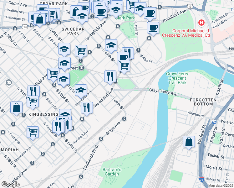 map of restaurants, bars, coffee shops, grocery stores, and more near 4830 Woodland Avenue in Philadelphia