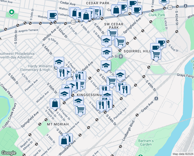 map of restaurants, bars, coffee shops, grocery stores, and more near 1323 South Lindenwood Street in Philadelphia