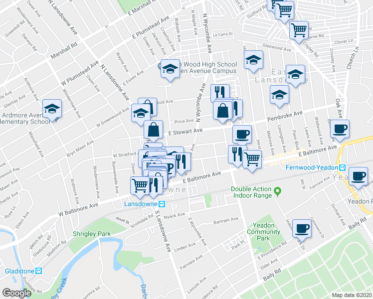 map of restaurants, bars, coffee shops, grocery stores, and more near 37 East Lacrosse Avenue in Lansdowne