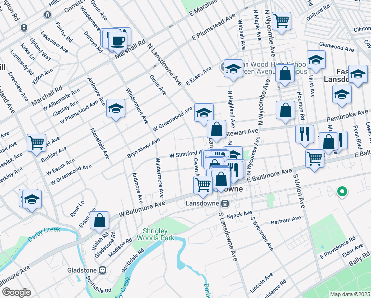 map of restaurants, bars, coffee shops, grocery stores, and more near 38 West Stratford Avenue in Lansdowne