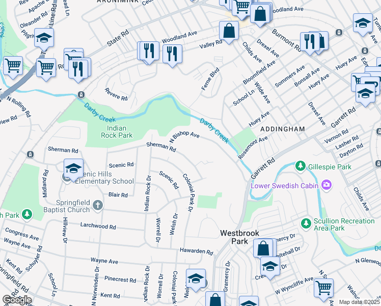 map of restaurants, bars, coffee shops, grocery stores, and more near 623 Sherman Road in Springfield