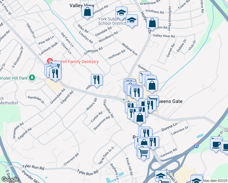 map of restaurants, bars, coffee shops, grocery stores, and more near 2022 South Queen Street in York