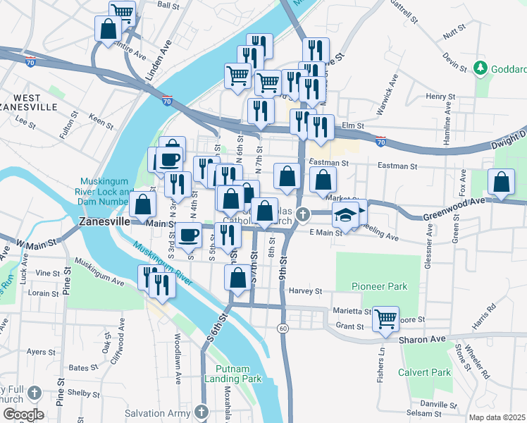 map of restaurants, bars, coffee shops, grocery stores, and more near 26 North 7th Street in Zanesville