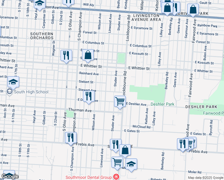 map of restaurants, bars, coffee shops, grocery stores, and more near 1222 Studer Avenue in Columbus