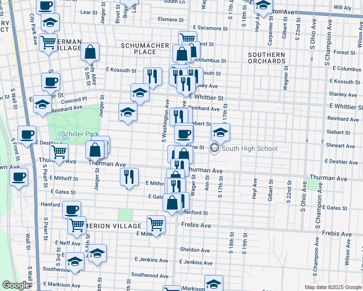 map of restaurants, bars, coffee shops, grocery stores, and more near 1134 Parsons Avenue in Columbus